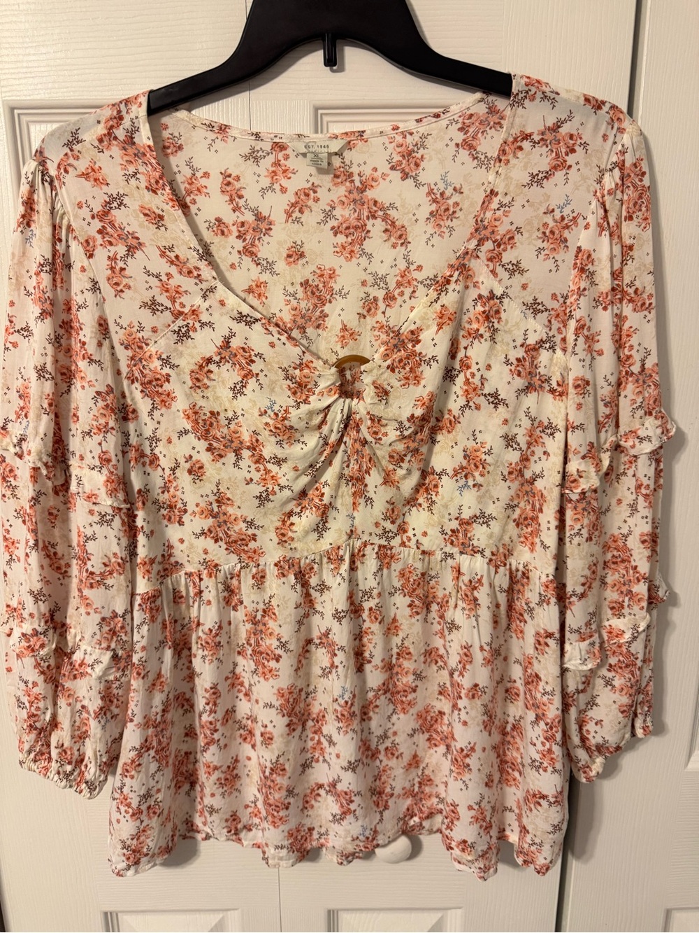 Women’s Cream Floral Tie-Front Peasant Tunic - Cream and Rust